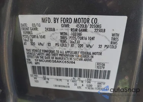 2010 Ford Escape Limited z USA, uszkodzony, nr VIN 1FMCU0EG5AKC65084